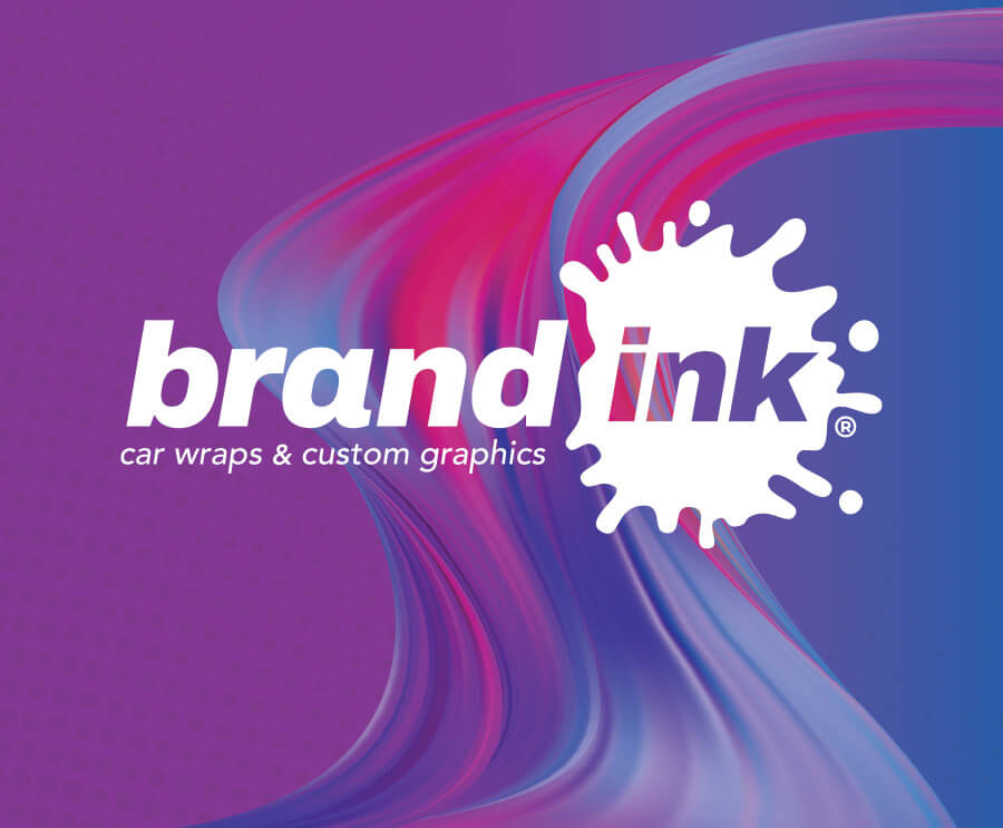 Brand Ink Logo in white with colored swirl behind it