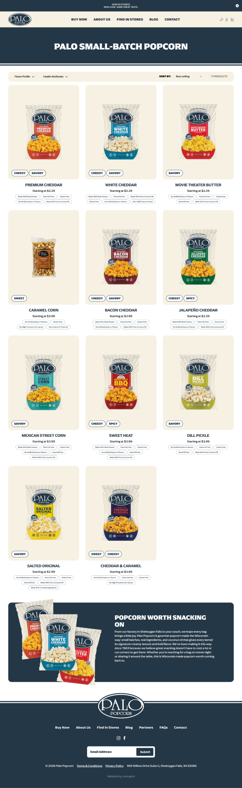 Palo Popcorn's product page featuring its full lineup of gourmet popcorn flavors