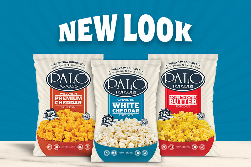 Palo Popcorn's redesigned Premium Cheddar, White Cheddar, and Movie Theater Butter popcorn bags with new look packaging
