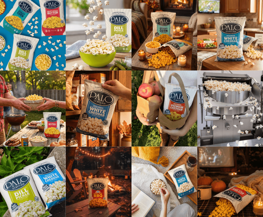 Collage of Palo Popcorn's Instagram and Facebook posts promoting its new packaging and brand refresh