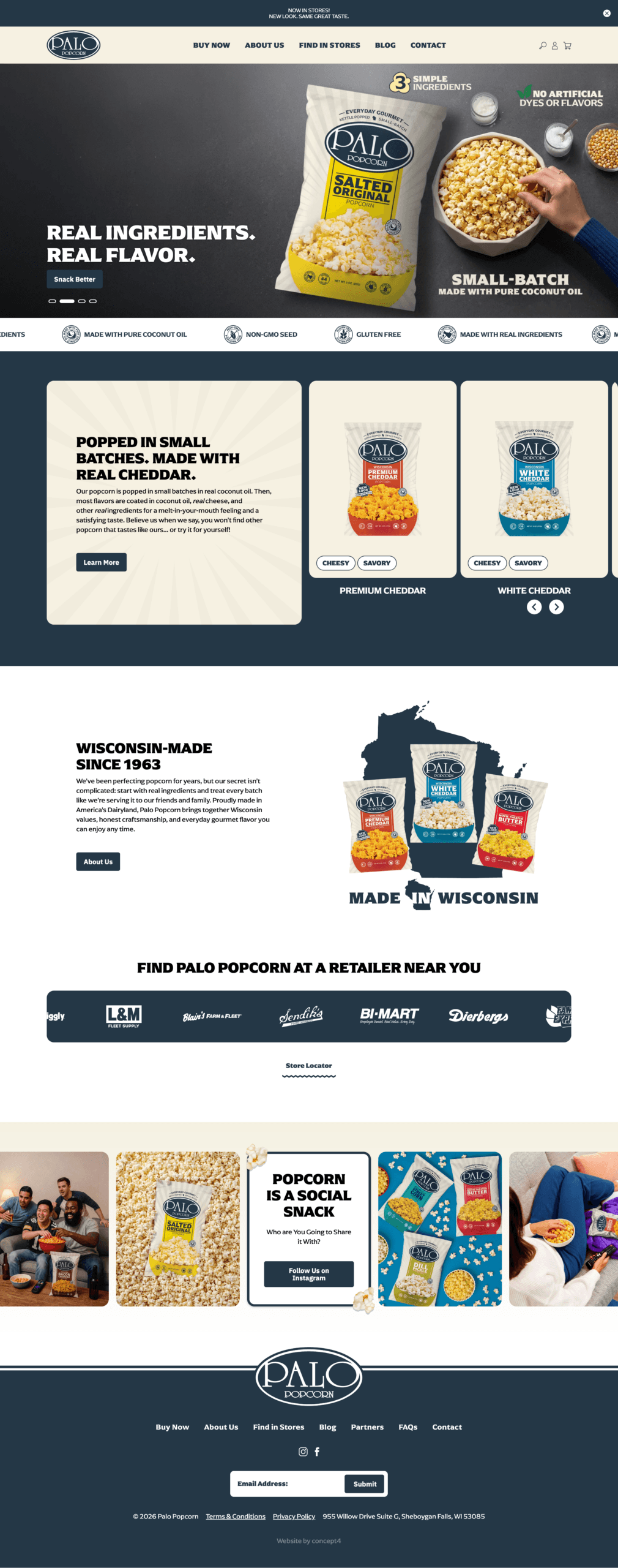 Palo Popcorn's redesigned homepage showcasing its new packaging and brand identity